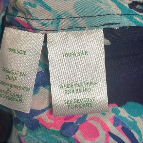 Lilly Pulitzer Elsa Abstract Floral Print Silk Blouse-Pink/Blue-Women Small - Picture 6 of 6